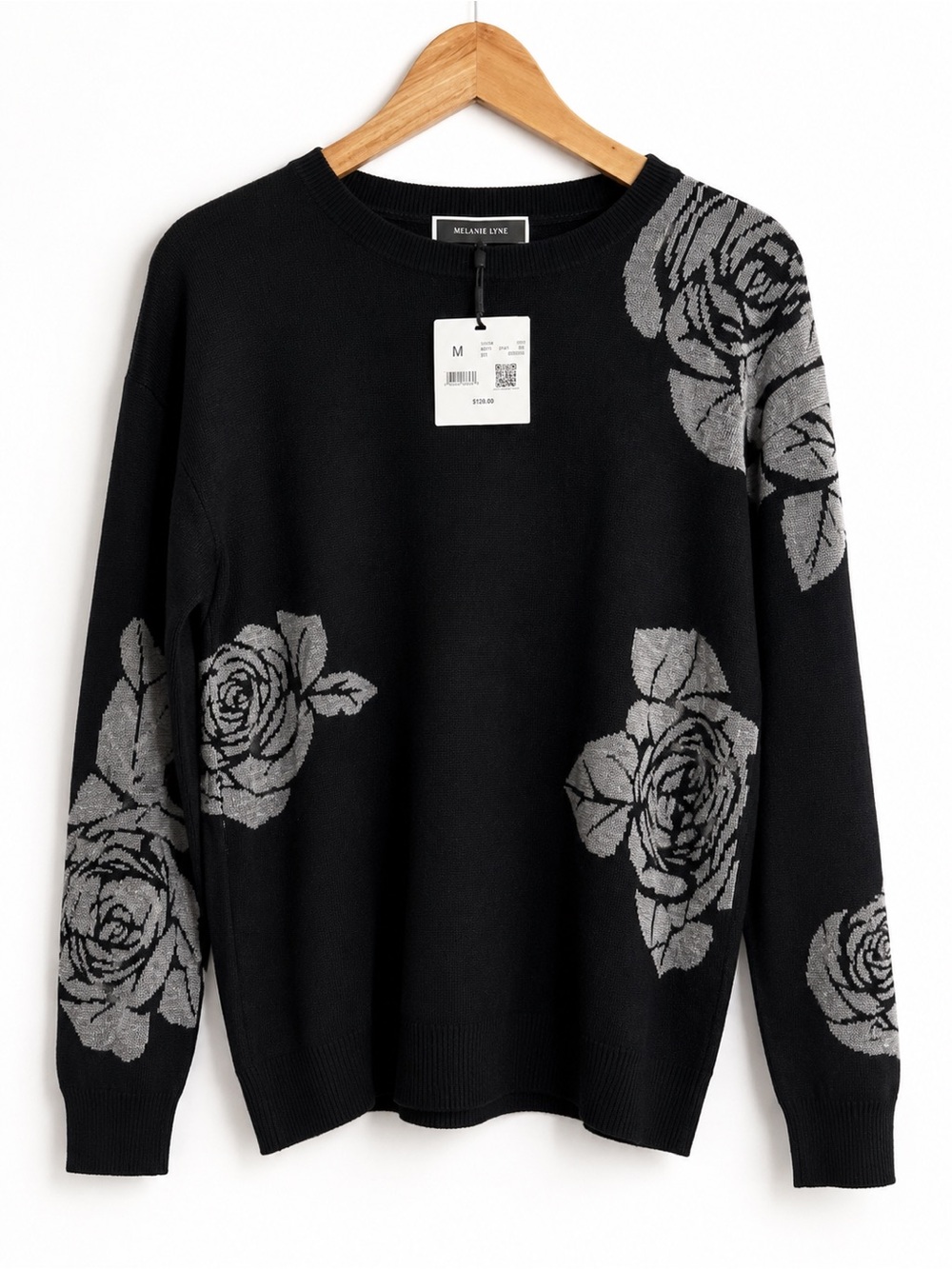Melanie Lyne Black & Gray Rose Knit Sweater – Size Medium – NWT